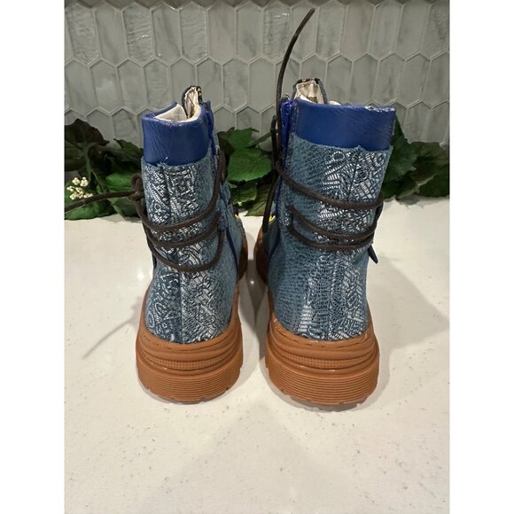 TMA Turquoise Blue Lace-Up Boots With Brown Sole & Side Zipper - Picture 6 of 11
